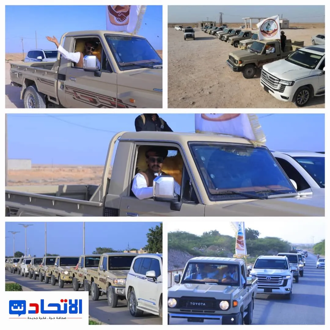 رئيس المجلس الوطني لأبناء المهرة الشيخ عائد سعد كدة يتقدم موكب سيارات بالغيضة لرفض التهميش وتداعي الخدمات ودعو